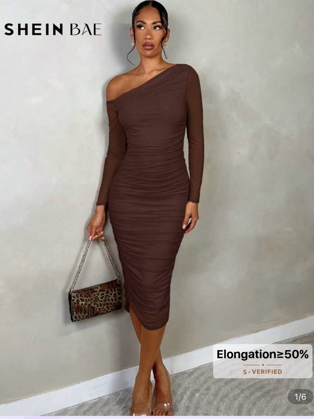 SHEIN Brown One-Shoulder Ruched Midi Dress